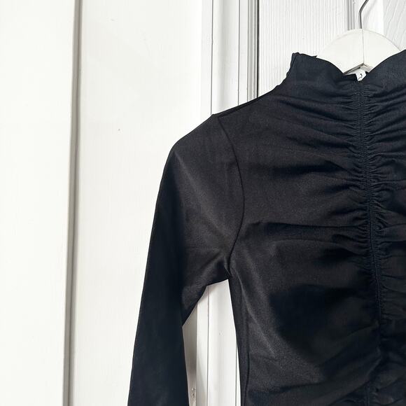 Good American Black Sheen Luster Mock Neck Ruched Front Bodysuit 1 Small GB0436 - Picture 2 of 8